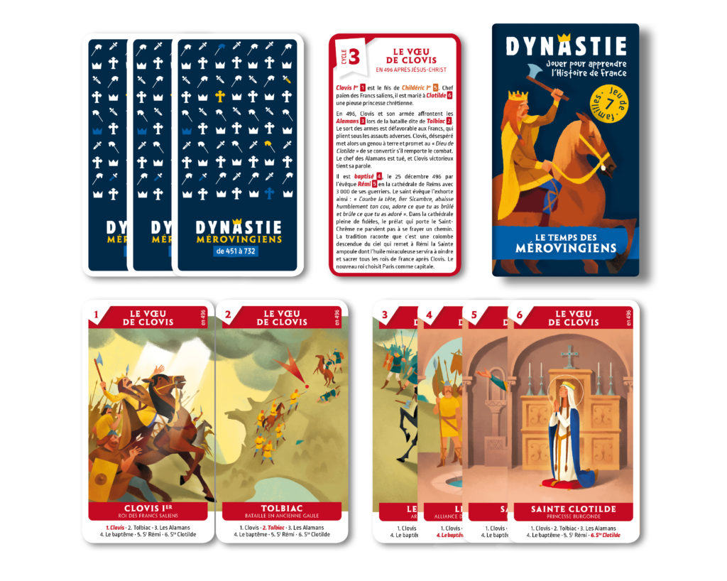 jeu de 7 familles dynastie sur l'histoire de france avec clovis, clotilde, dagobert, pépin le bref, charles martel